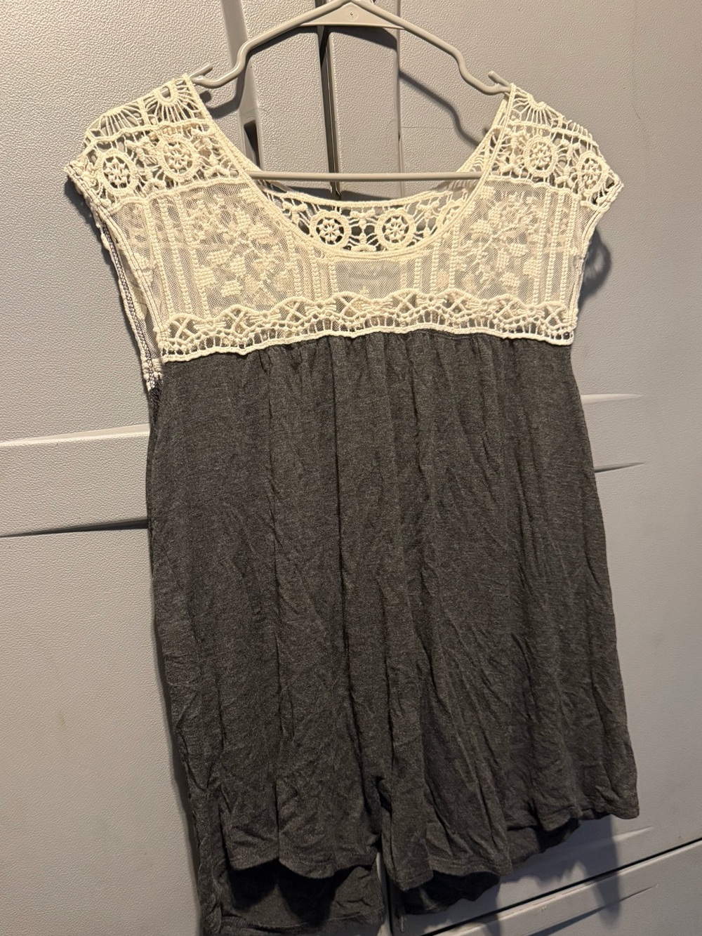 Maurices Cream Crochet Yoke Tunic with Gray Body